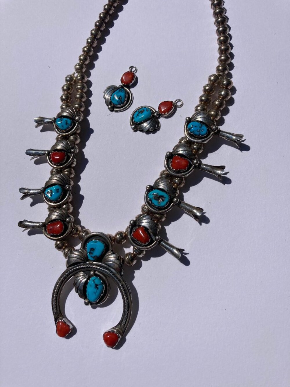 Vintage Navajo Sterling Silver Turquoise Coral Squash Blossom Necklace SIGNED - Picture 7 of 8